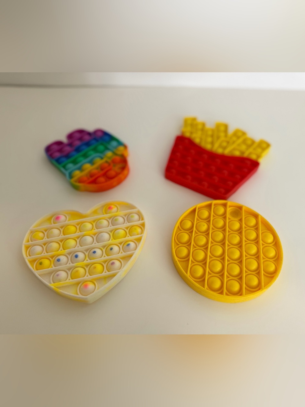 Lot of 4 Pop It Tactile Sensory Toys - Heart, Round, Rainbow, Fries, Ages 3+